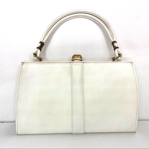 Vintage Madwed White Leather Purse Frame Doctor Bag Gold Tone Metal Closure - Picture 2 of 11
